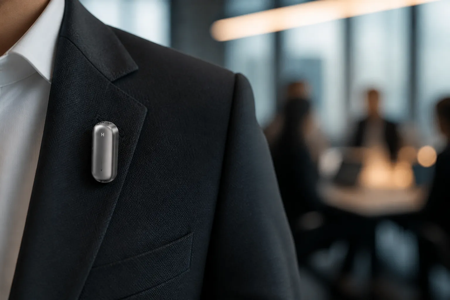 AI Meeting Recorder Pin in executive boardroom